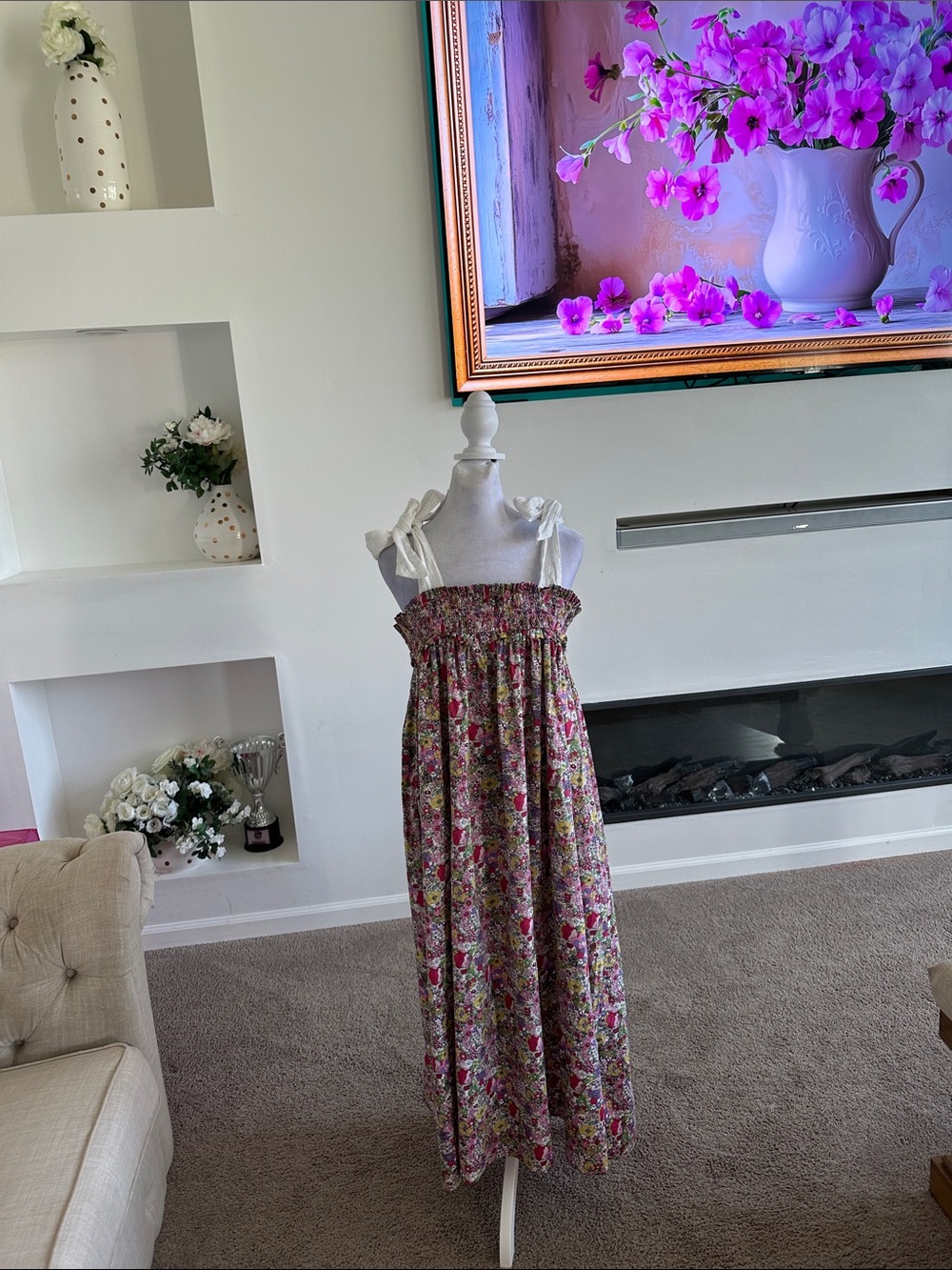 Buru Smocked Floral Midi Dress with Tie Straps - Pink